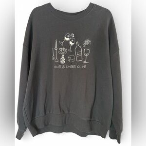 Z Supply Black Sweatshirt Oversized Wine & Cheese Graphic Club Embroidered